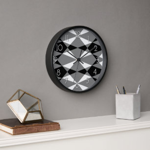 Retro Black White Triangle Squares Mosaic Pattern Clock