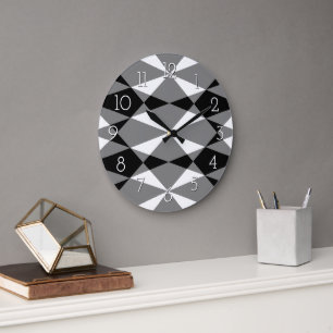 Retro Black White Triangle Squares Mosaic Pattern Large Clock