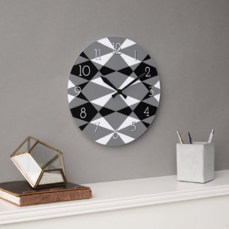 Retro Black White Triangle Squares Mosaic Pattern Large Clock