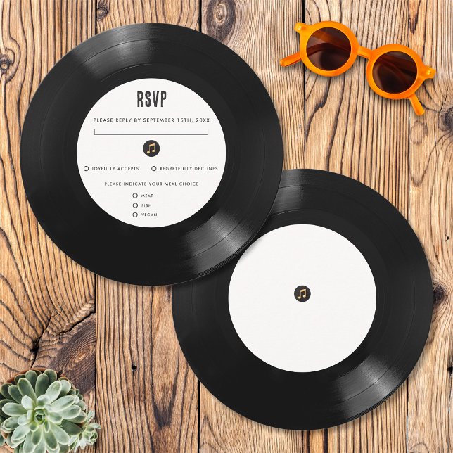 Retro Black & White Vinyl Record Wedding RSVP Card (Front/Back)