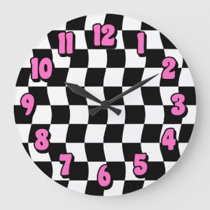 Retro Black White Wavy Chequerboard Pattern Large Clock