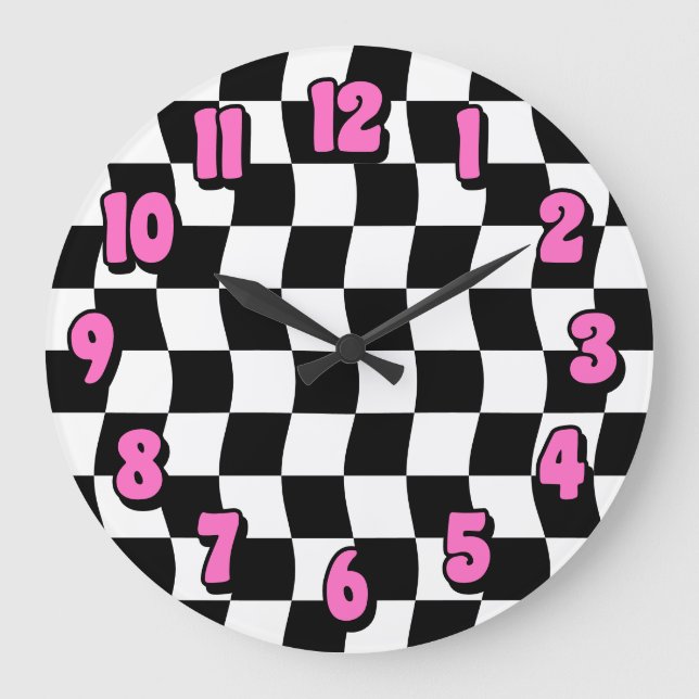 Retro Black White Wavy Chequerboard Pattern Large Clock (Front)