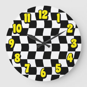 Retro Black White Wavy Chequered Pattern Large Clock