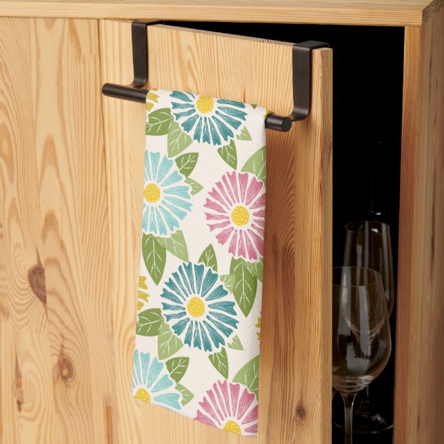 Retro Block Print Daisies Tea Towel (Thirds Fold)