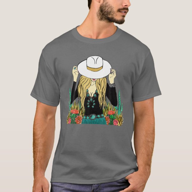 Retro Blonde Cowgirl Punchy Cowhide Turquoise West T-Shirt (Front)