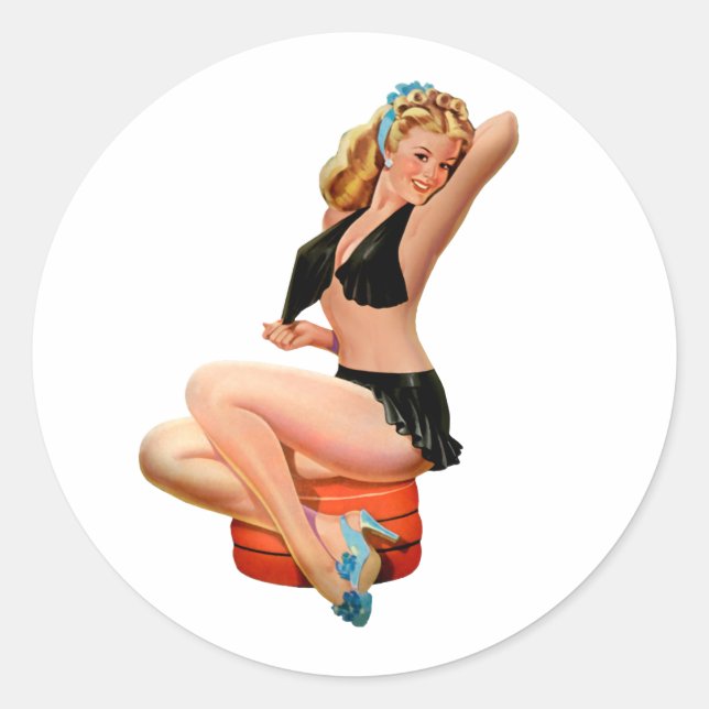 Retro Blonde pin-up girl in black mini skirt Classic Round Sticker (Front)