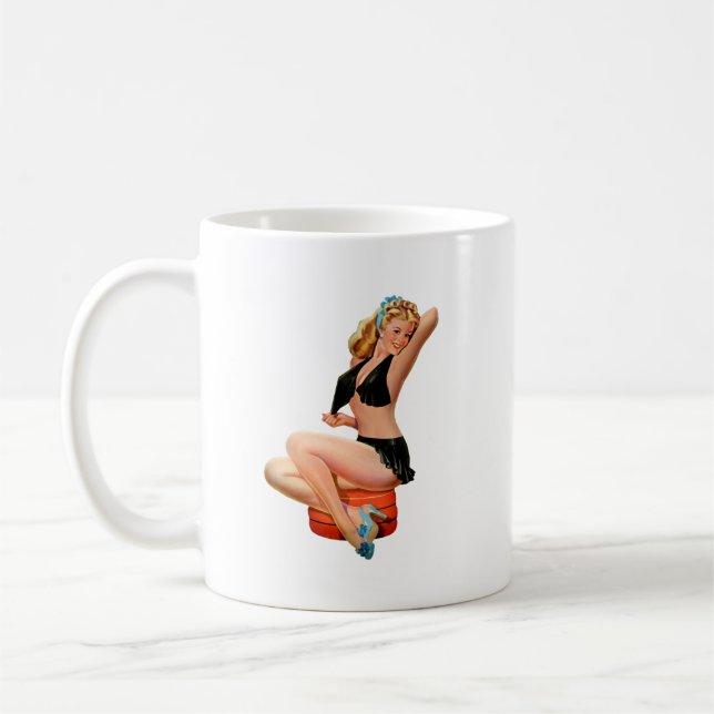 Retro Blonde pin-up girl in black mini skirt  Coffee Mug (Left)