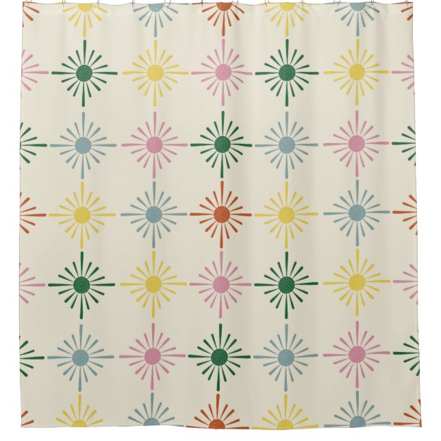 Retro Bloom Geometric Floral Print Patterned Shower Curtain (Front)