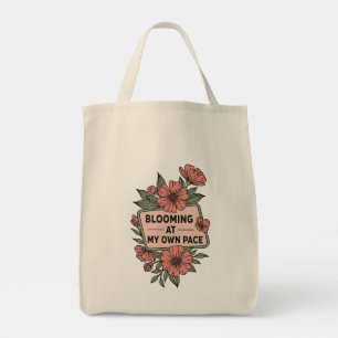 Retro blooming at my own pace pink flowers design tote bag