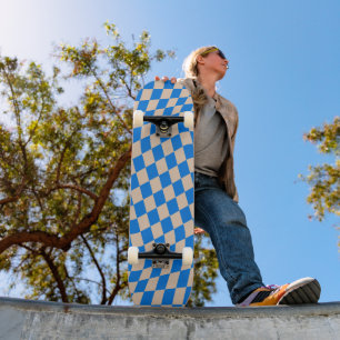 Retro Blue Abstract Checkerboard Wavy Shapes Skateboard