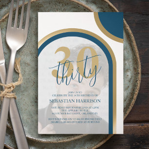 Retro Blue And Gold 30th Photo Birthday Invitation