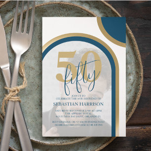 Retro Blue And Gold 50th Photo Birthday Invitation