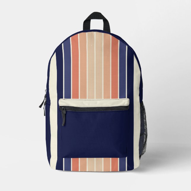 Retro Blue and Peach "Surfboard" Striped  Printed Backpack (Front)