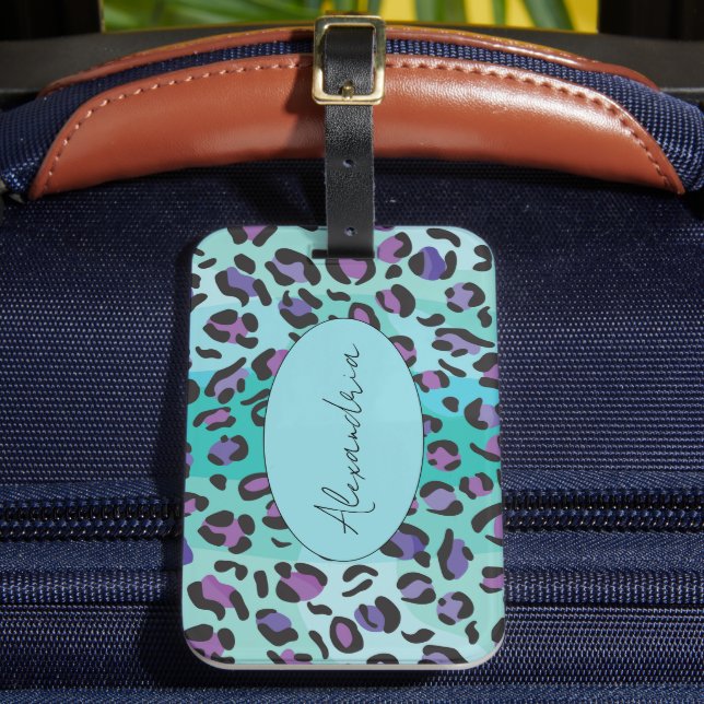 Retro Blue and Purple Leopard Print Luggage Tag (Front Insitu 2)