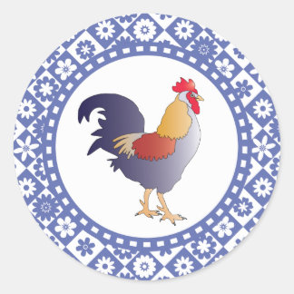 Retro Blue and White French Rooster and Flowers Classic Round Sticker