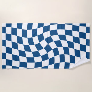 Retro Blue And White Warped Checks Chequerboard Beach Towel