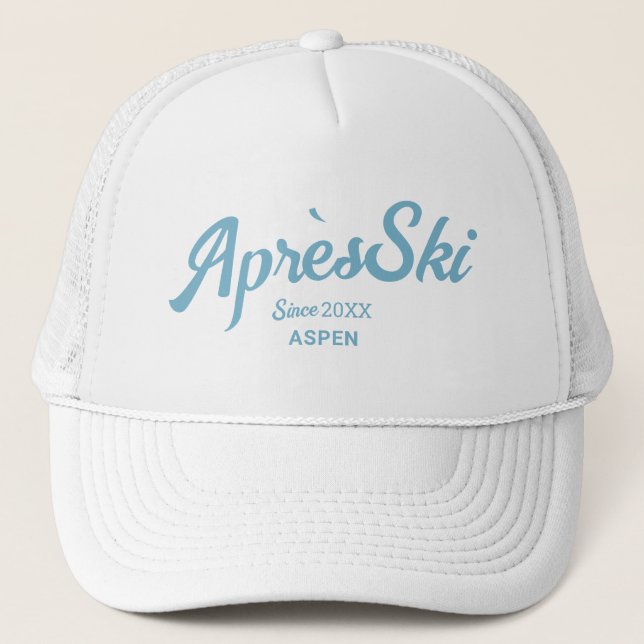 Retro blue Apres Ski Custom Ski Resort Party Trucker Hat (Front)
