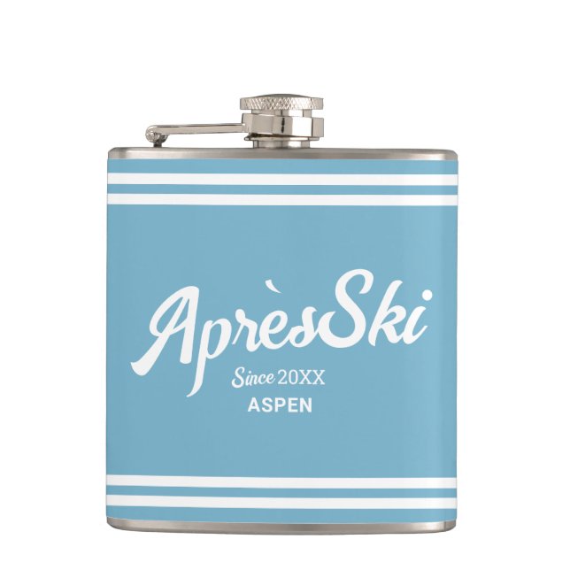 Retro Blue Apres Ski Custom Ski Resort & Year Hip Flask (Front)