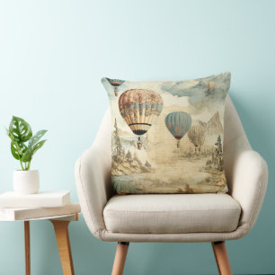 Retro Blue Balloon Antique Travel Landscape Cushion