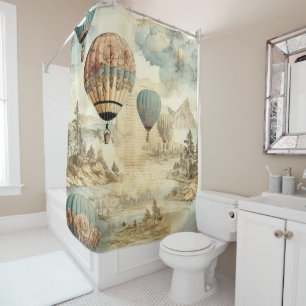 Retro Blue Balloon Antique Travel Landscape Shower Curtain