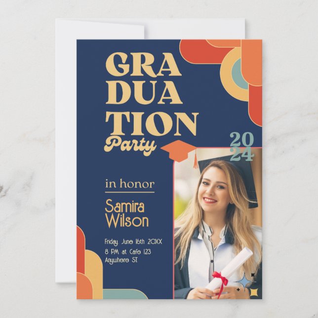 Retro Blue & Beige Graduation Party Invitation (Front)