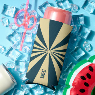 Retro Blue &Beige Stripes  Script Minimalist Name Seltzer Can Cooler