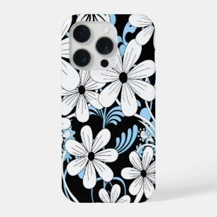 Retro Blue Black and White Floral Pattern iPhone 15 Pro Case