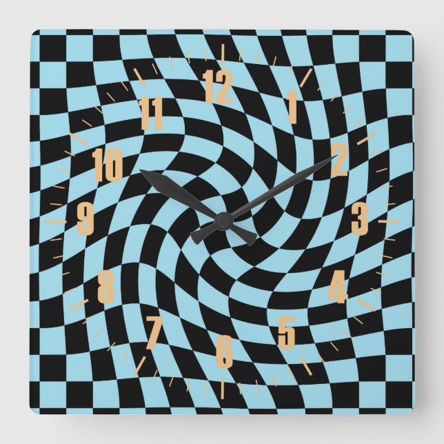 Retro Blue Black Check Warped Checkered Dorm   Square Wall Clock (Front)