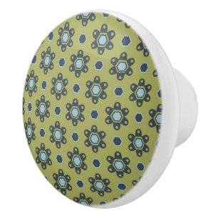 Retro Blue & Black Daisies on Green Floral Pattern Ceramic Knob