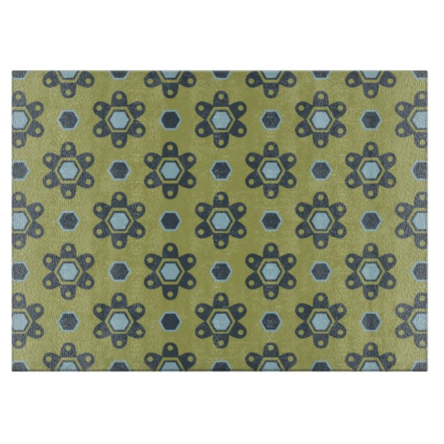 Retro Blue & Black Daisies on Green Floral Pattern Cutting Board (Front)