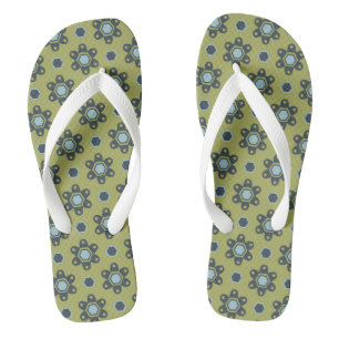 Retro Blue & Black Daisies on Green Floral Pattern Jandals