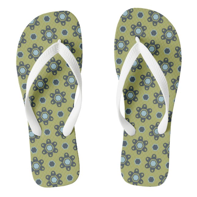 Retro Blue & Black Daisies on Green Floral Pattern Jandals (Footbed)