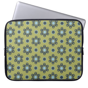 Retro Blue & Black Daisies on Green Floral Pattern Laptop Sleeve