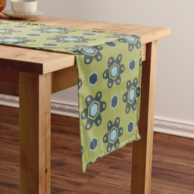 Retro Blue & Black Daisies on Green Floral Pattern Long Table Runner (In Situ)