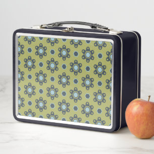 Retro Blue & Black Daisies on Green Floral Pattern Metal Lunch Box