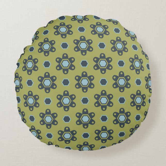 Retro Blue & Black Daisies on Green Floral Pattern Round Cushion (Front)