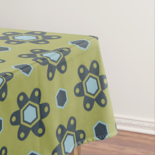 Retro Blue & Black Daisies on Green Floral Pattern Tablecloth