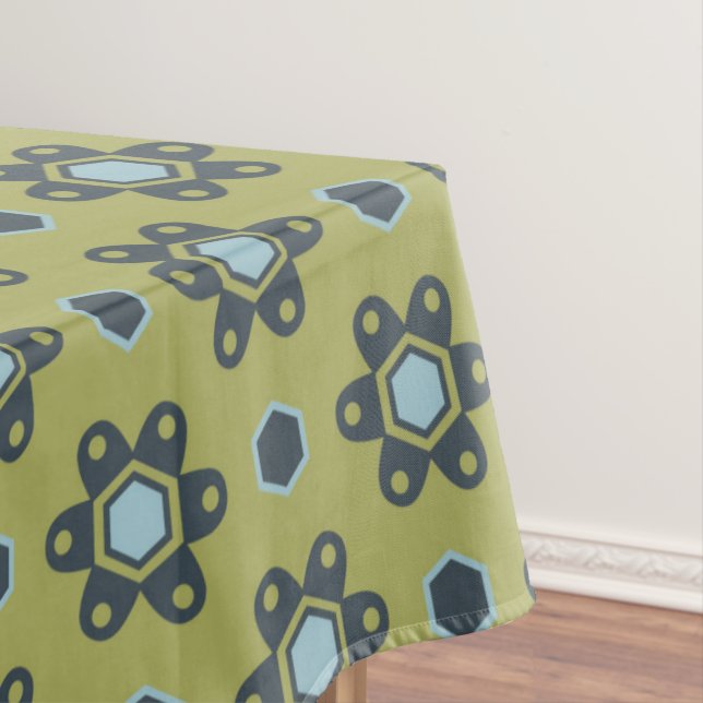 Retro Blue & Black Daisies on Green Floral Pattern Tablecloth (In Situ)