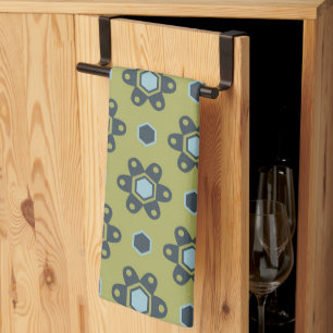 Retro Blue & Black Daisies on Green Floral Pattern Tea Towel