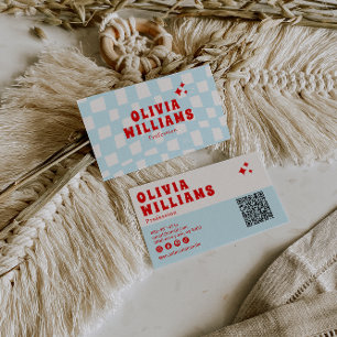 Retro Blue Bold Groovy Chequered QR Code Funky Business Card