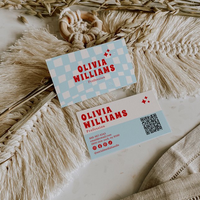 Retro Blue Bold Groovy Chequered QR Code Funky Business Card (Creator Uploaded)