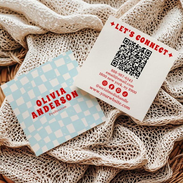 Retro Blue Bold Groovy QR Code Chequered Trendy  Square Business Card (Creator Uploaded)