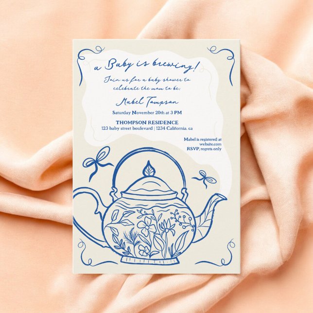 Retro blue bows teapot baby is brewing Baby shower Invitation (Retro blue bows teapot baby is brewing Baby shower Invitation)