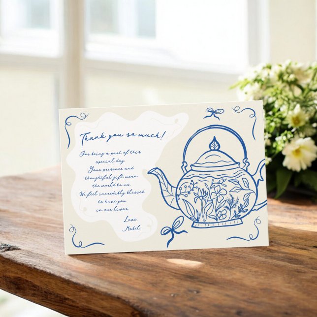Retro blue bows teapot baby is brewing Baby shower Thank You Card (Retro blue bows teapot baby is brewing Baby shower Thank You Card)