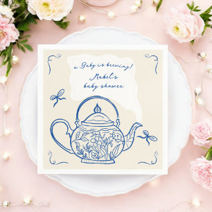 Retro blue bows teapot baby is brewing shower napkin