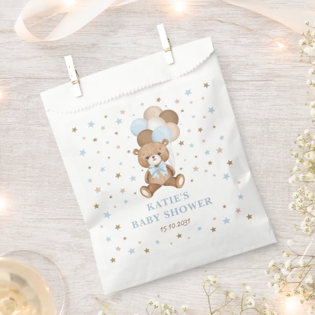 Retro Blue Brown Teddy Bear Balloons Baby Boy Favour Bags (Clipped)