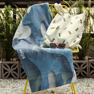 Retro Blue Camo Waves Modern Monogram Beach Towel
