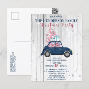 Retro Blue Car Pink Xmas Tree Christmas Party  Postcard