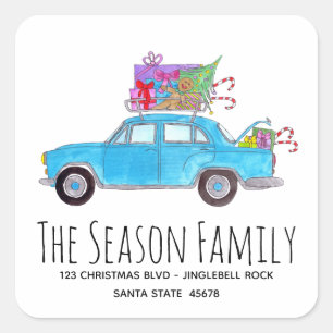 Retro Blue Car with Christmas Gifts Square Sticker