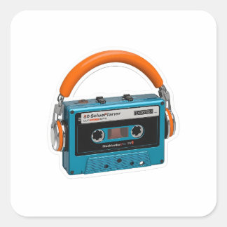 Retro Blue Cassette Tape with Orange Headphones St Square Sticker